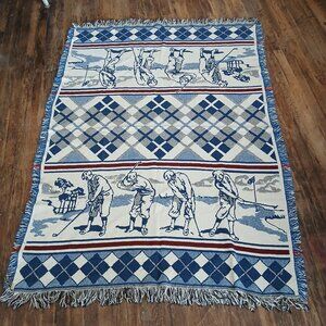 Vintage Golf Tapestry Woven 44 x 66 Blue Throw Blanket Fringe Reversible 1994